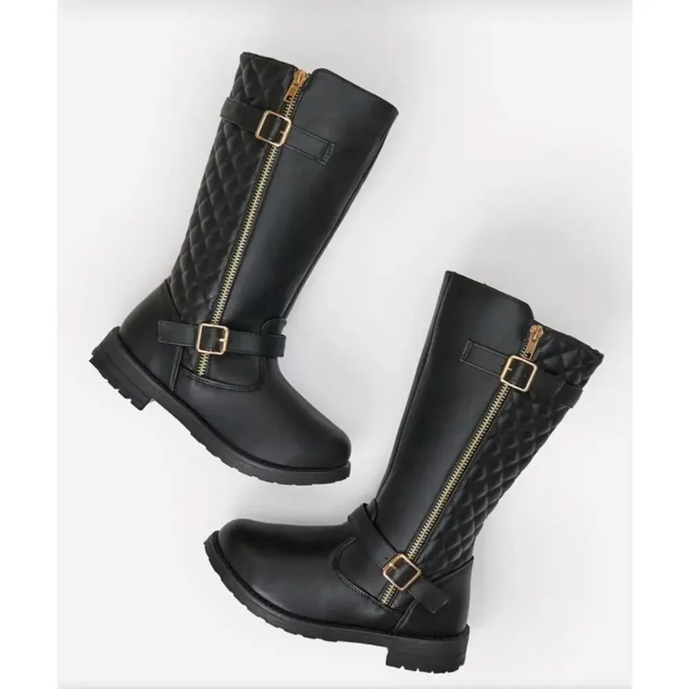 FabKids Black Quilted Buckle Detail Riding Boots Girls Size 4
